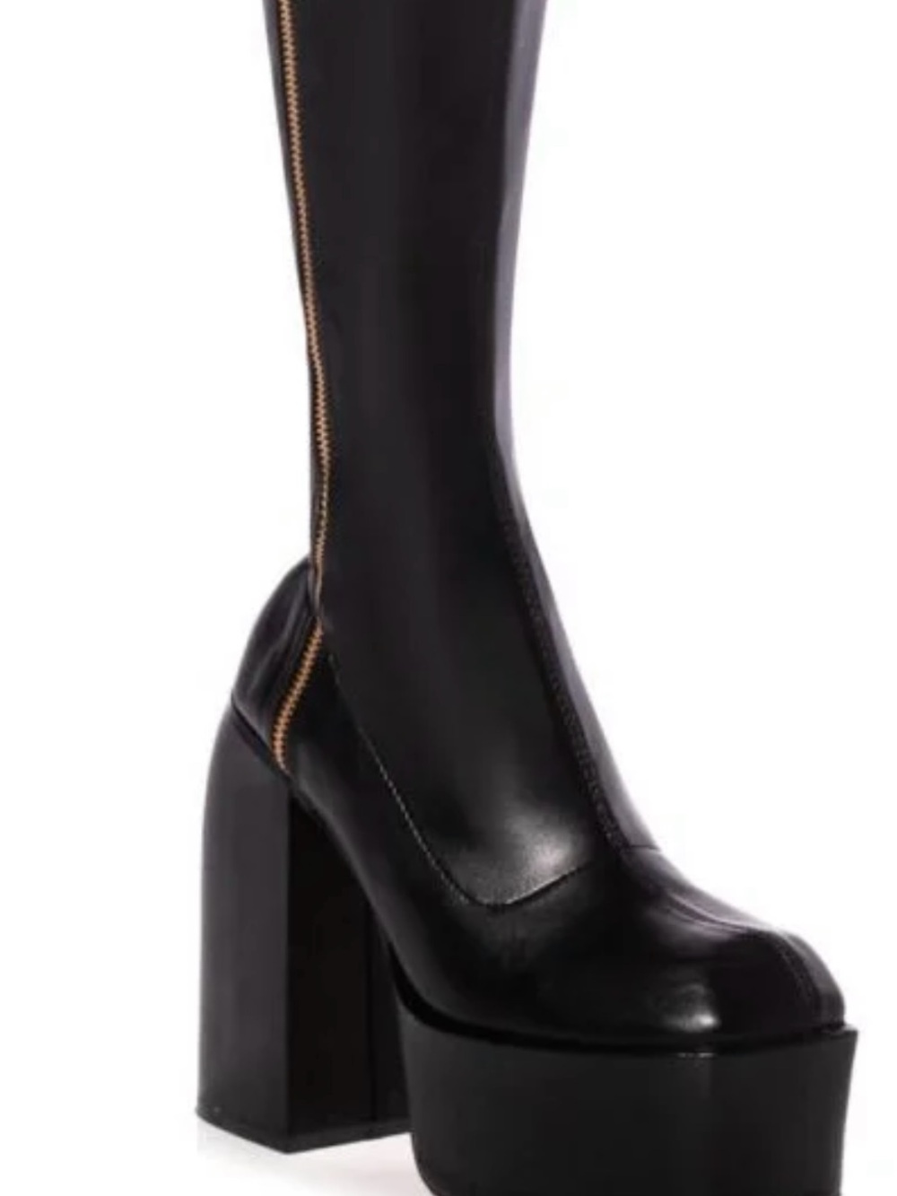Black High Platform Knee Boot with Gold Zip Accent